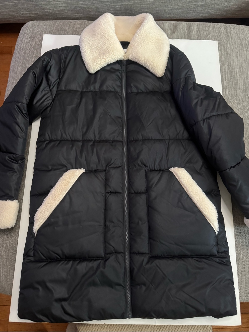 GAP Black Puffer Coat with Cream Sherpa Trim